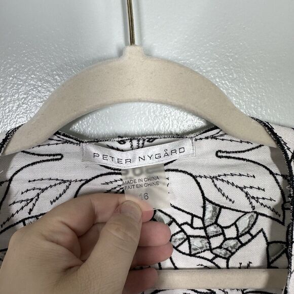 Peter Nygard 16 Black White Linen Floral Open Cut Out Blazer Jacket Open Front - Picture 2 of 5